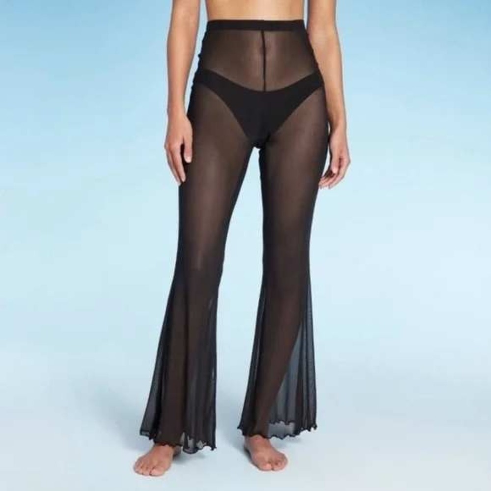 Black Sheer Mesh Flare Pants Womens XS High Rise Cover Up Goth Grunge‎ Rave Club